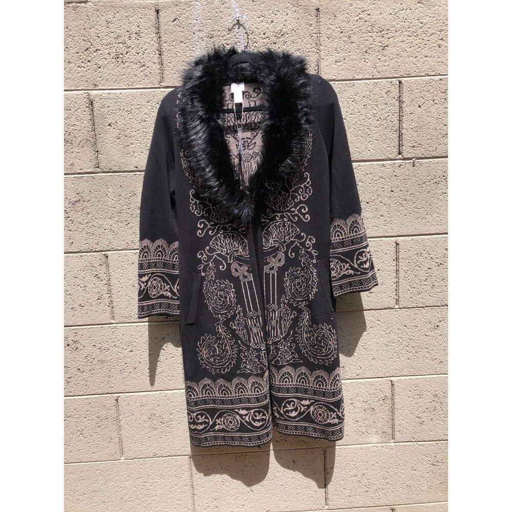 NWT Chicos Faux Fur Collar Lurex Cardigan Sweater Long Black Gold Metallic 0P/ S